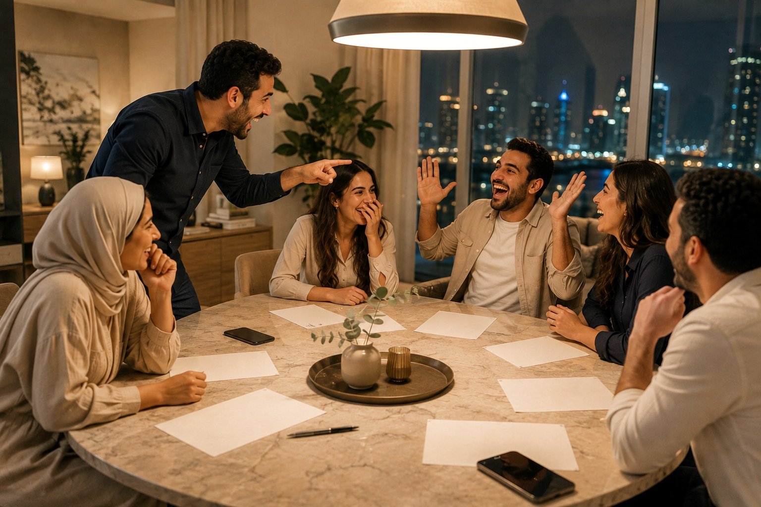 Six amis autour de la table, accusation et rires