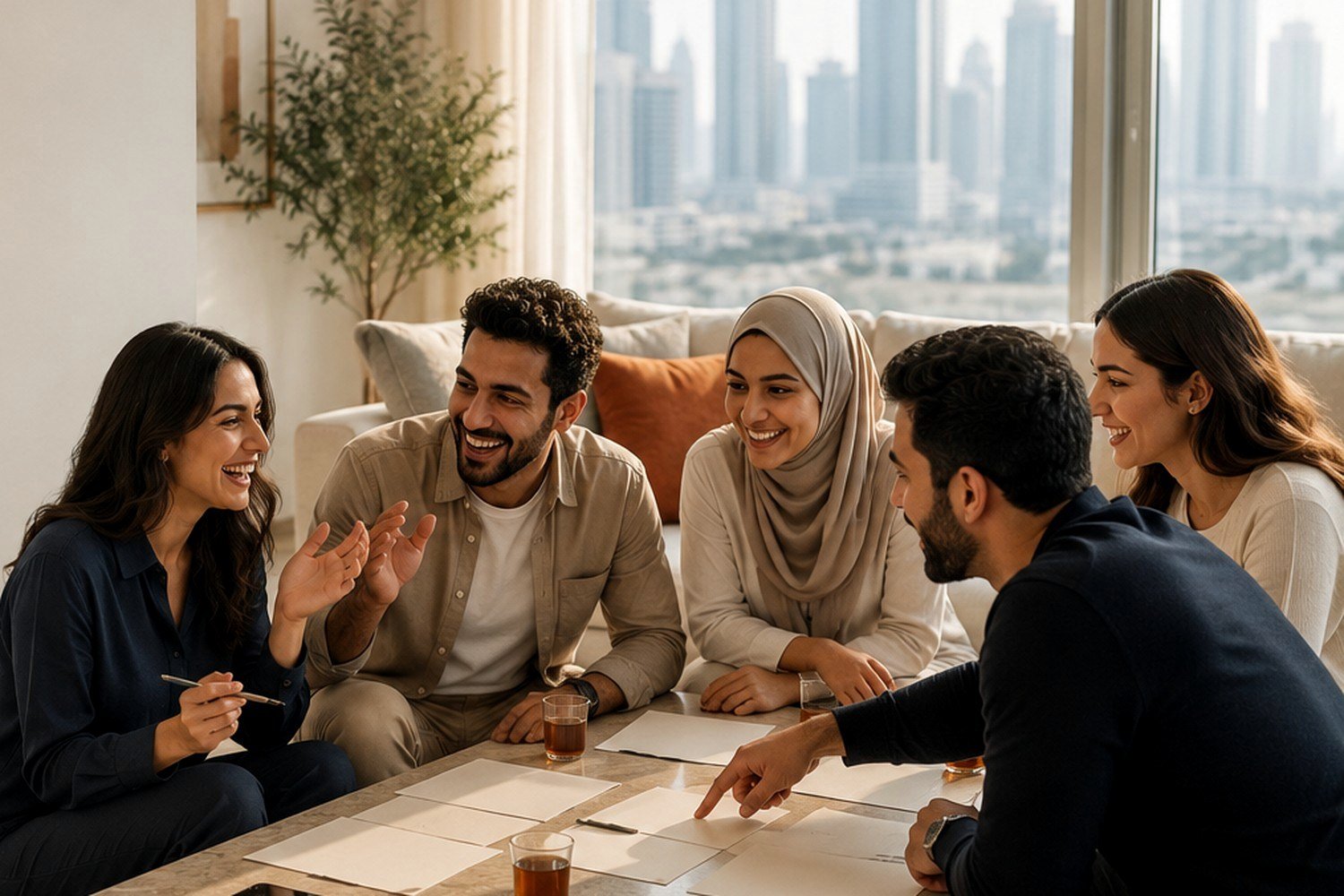 Cinq amis autour d'une table basse, dossiers ouverts