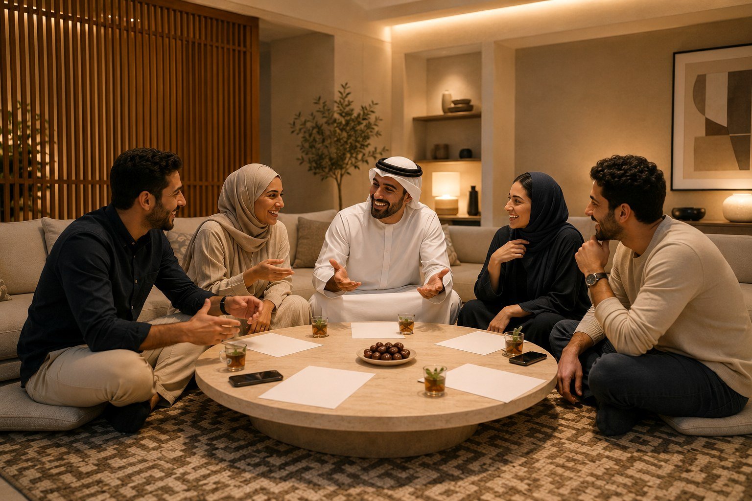 Un majlis contemporain, cinq amis autour d'une table basse